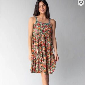 NATURAL LIFE Floral Tiered Mini Dress in Green and Red